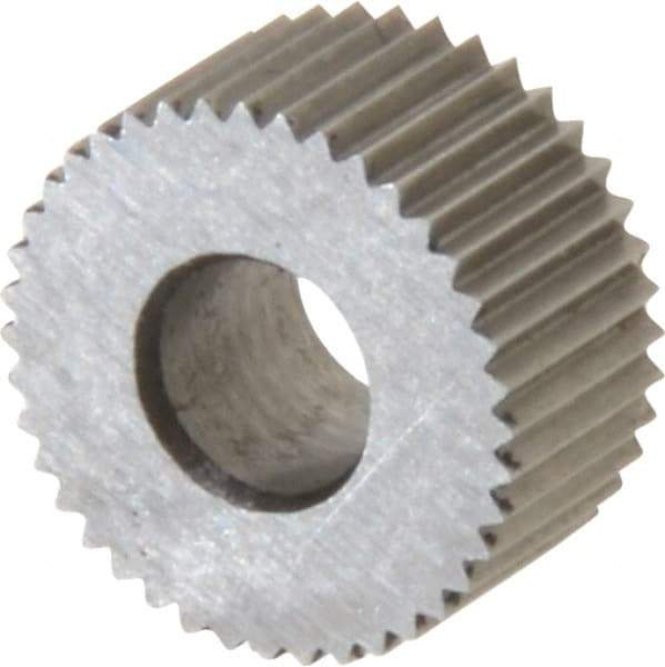Made in USA - 5/16" Diam, 80° Tooth Angle, Standard (Shape), Form Type Cobalt Straight Knurl Wheel - 5/32" Face Width, 1/8" Hole, 128 Diametral Pitch, Bright Finish, Series BP - Exact Tool & Supply