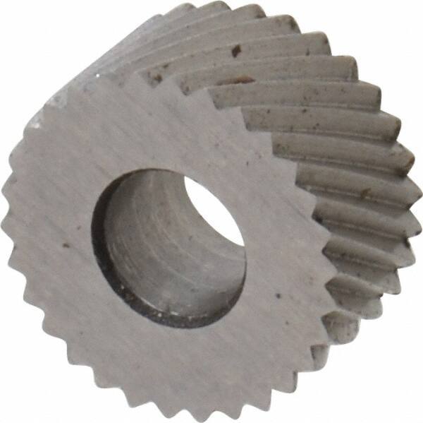 Made in USA - 5/16" Diam, 80° Tooth Angle, Standard (Shape), Form Type Cobalt Right-Hand Diagonal Knurl Wheel - 5/32" Face Width, 1/8" Hole, 96 Diametral Pitch, 30° Helix, Bright Finish, Series BP - Exact Tool & Supply