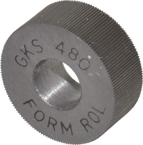 Made in USA - 5/8" Diam, 70° Tooth Angle, 80 TPI, Standard (Shape), Form Type High Speed Steel Straight Knurl Wheel - 1/4" Face Width, 1/4" Hole, Circular Pitch, Bright Finish, Series GK - Exact Tool & Supply