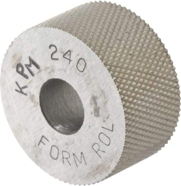 Made in USA - 3/4" Diam, 90° Tooth Angle, 40 TPI, Standard (Shape), Form Type High Speed Steel Male Diamond Knurl Wheel - 3/8" Face Width, 1/4" Hole, Circular Pitch, 30° Helix, Bright Finish, Series KP - Exact Tool & Supply