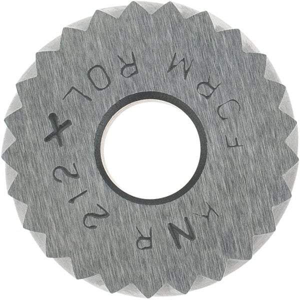 Made in USA - 3/4" Diam, 90° Tooth Angle, 12 TPI, Standard (Shape), Form Type Cobalt Right-Hand Diagonal Knurl Wheel - 1/4" Face Width, 1/4" Hole, Circular Pitch, 30° Helix, Bright Finish, Series KN - Exact Tool & Supply
