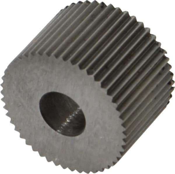 Made in USA - 3/4" Diam, 80° Tooth Angle, Standard (Shape), Form Type High Speed Steel Straight Knurl Wheel - 1/2" Face Width, 1/4" Hole, 64 Diametral Pitch, Bright Finish, Series KR - Exact Tool & Supply