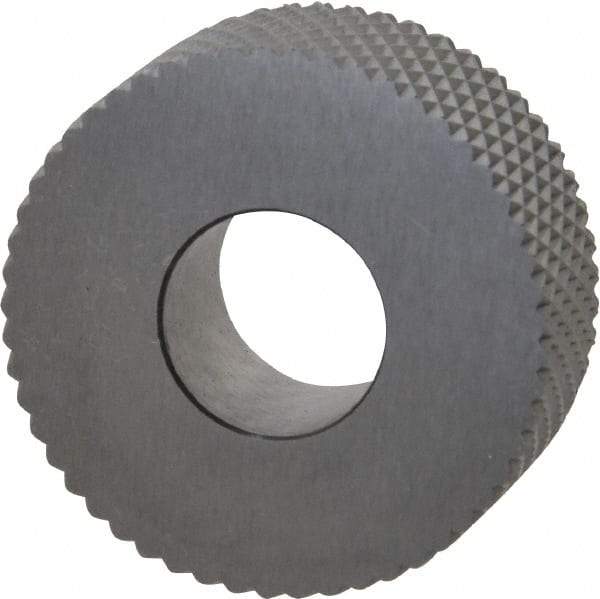 Made in USA - 1-1/4" Diam, 90° Tooth Angle, 16 TPI, Standard (Shape), Form Type High Speed Steel Female Diamond Knurl Wheel - 1/2" Face Width, 1/2" Hole, Circular Pitch, 30° Helix, Bright Finish, Series PH - Exact Tool & Supply