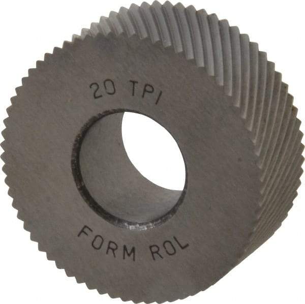 Made in USA - 1-1/4" Diam, 90° Tooth Angle, 20 TPI, Standard (Shape), Form Type High Speed Steel Left-Hand Diagonal Knurl Wheel - 1/2" Face Width, 1/2" Hole, Circular Pitch, 30° Helix, Bright Finish, Series PH - Exact Tool & Supply
