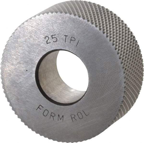 Made in USA - 1-1/4" Diam, 90° Tooth Angle, 25 TPI, Standard (Shape), Form Type High Speed Steel Female Diamond Knurl Wheel - 1/2" Face Width, 1/2" Hole, Circular Pitch, 30° Helix, Bright Finish, Series PH - Exact Tool & Supply