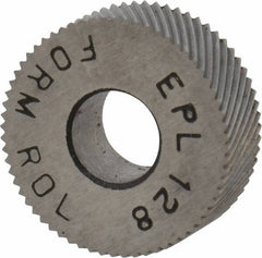 Made in USA - 1/2" Diam, 80° Tooth Angle, Standard (Shape), Form Type High Speed Steel Left-Hand Diagonal Knurl Wheel - 3/16" Face Width, 3/16" Hole, 128 Diametral Pitch, 30° Helix, Bright Finish, Series EP - Exact Tool & Supply