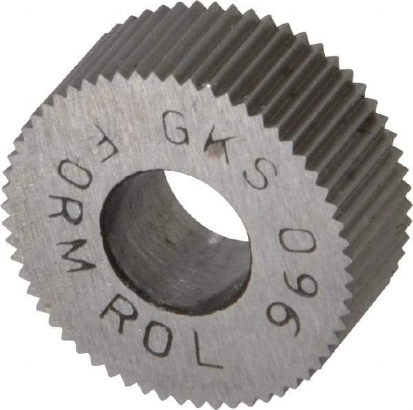 Made in USA - 5/8" Diam, 80° Tooth Angle, Standard (Shape), Form Type High Speed Steel Straight Knurl Wheel - 1/4" Face Width, 1/4" Hole, 96 Diametral Pitch, Bright Finish, Series GK - Exact Tool & Supply