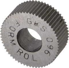 Made in USA - 5/8" Diam, 80° Tooth Angle, Standard (Shape), Form Type High Speed Steel Straight Knurl Wheel - 1/4" Face Width, 1/4" Hole, 96 Diametral Pitch, Bright Finish, Series GK - Exact Tool & Supply