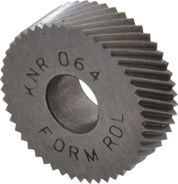 Made in USA - 3/4" Diam, 80° Tooth Angle, Standard (Shape), Form Type High Speed Steel Right-Hand Diagonal Knurl Wheel - 1/4" Face Width, 1/4" Hole, 64 Diametral Pitch, 30° Helix, Bright Finish, Series KN - Exact Tool & Supply