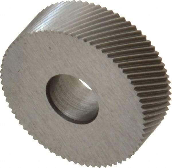 Made in USA - 3/4" Diam, 80° Tooth Angle, Standard (Shape), Form Type High Speed Steel Right-Hand Diagonal Knurl Wheel - 1/4" Face Width, 1/4" Hole, 96 Diametral Pitch, 30° Helix, Bright Finish, Series KN - Exact Tool & Supply