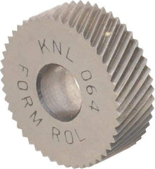 Made in USA - 3/4" Diam, 80° Tooth Angle, Standard (Shape), Form Type High Speed Steel Left-Hand Diagonal Knurl Wheel - 1/4" Face Width, 1/4" Hole, 64 Diametral Pitch, 30° Helix, Bright Finish, Series KN - Exact Tool & Supply