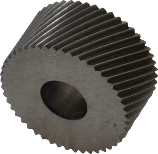 Made in USA - 3/4" Diam, 80° Tooth Angle, Standard (Shape), Form Type High Speed Steel Right-Hand Diagonal Knurl Wheel - 3/8" Face Width, 1/4" Hole, 64 Diametral Pitch, 30° Helix, Bright Finish, Series KP - Exact Tool & Supply