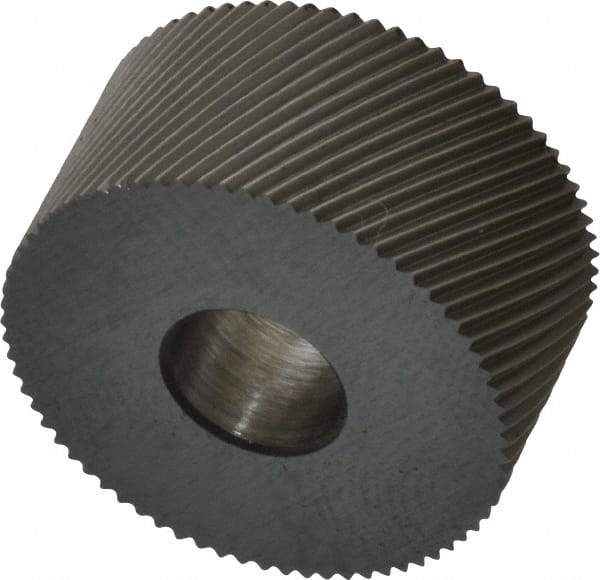 Made in USA - 3/4" Diam, 80° Tooth Angle, Standard (Shape), Form Type High Speed Steel Right-Hand Diagonal Knurl Wheel - 3/8" Face Width, 1/4" Hole, 96 Diametral Pitch, 30° Helix, Bright Finish, Series KP - Exact Tool & Supply
