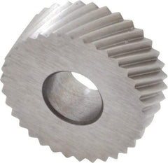 Made in USA - 1/2" Diam, 90° Tooth Angle, 25 TPI, Standard (Shape), Form Type Cobalt Right-Hand Diagonal Knurl Wheel - 3/16" Face Width, 3/16" Hole, Circular Pitch, 30° Helix, Bright Finish, Series EP - Exact Tool & Supply