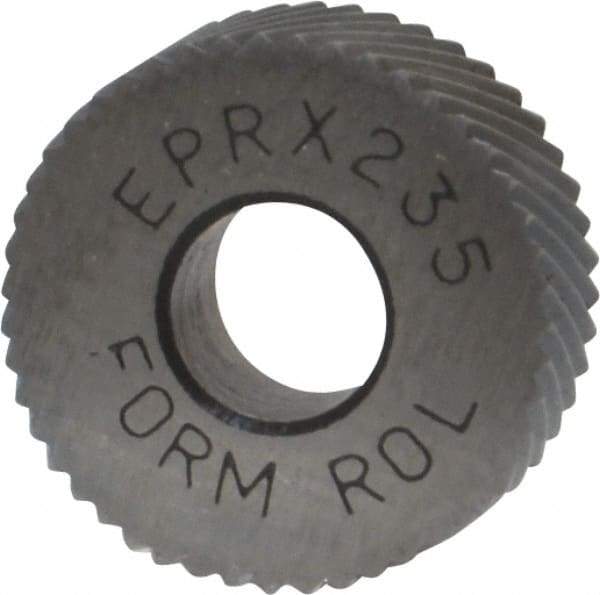 Made in USA - 1/2" Diam, 90° Tooth Angle, 35 TPI, Standard (Shape), Form Type Cobalt Right-Hand Diagonal Knurl Wheel - 3/16" Face Width, 3/16" Hole, Circular Pitch, 30° Helix, Bright Finish, Series EP - Exact Tool & Supply