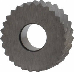 Made in USA - 1/2" Diam, 90° Tooth Angle, 20 TPI, Standard (Shape), Form Type Cobalt Left-Hand Diagonal Knurl Wheel - 3/16" Face Width, 3/16" Hole, Circular Pitch, 30° Helix, Bright Finish, Series EP - Exact Tool & Supply