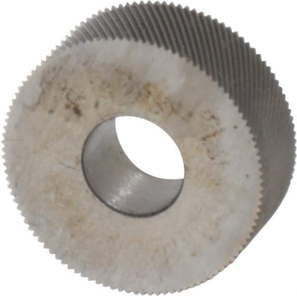 Made in USA - 1/2" Diam, 70° Tooth Angle, 80 TPI, Standard (Shape), Form Type Cobalt Left-Hand Diagonal Knurl Wheel - 3/16" Face Width, 3/16" Hole, Circular Pitch, 30° Helix, Bright Finish, Series EP - Exact Tool & Supply