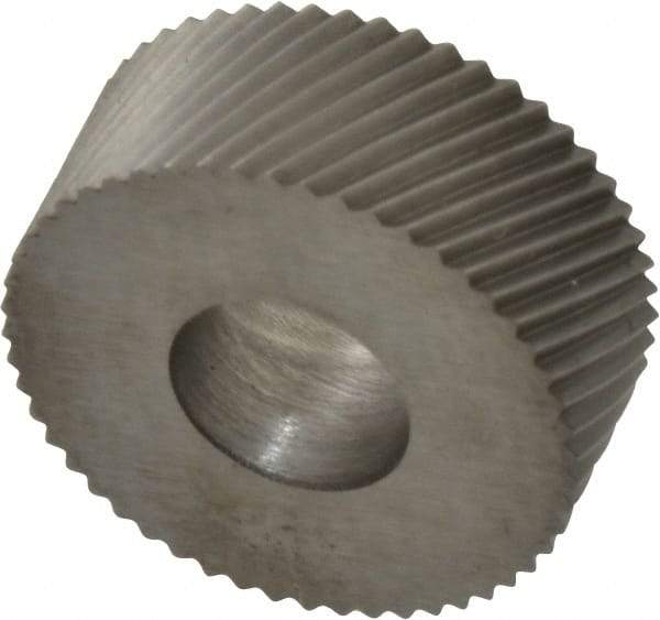 Made in USA - 5/8" Diam, 90° Tooth Angle, 30 TPI, Standard (Shape), Form Type Cobalt Right-Hand Diagonal Knurl Wheel - 1/4" Face Width, 1/4" Hole, Circular Pitch, 30° Helix, Bright Finish, Series GK - Exact Tool & Supply