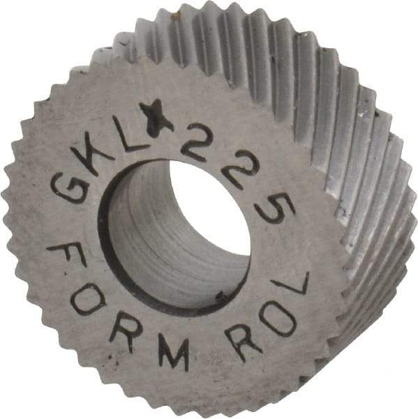 Made in USA - 5/8" Diam, 90° Tooth Angle, 25 TPI, Standard (Shape), Form Type Cobalt Left-Hand Diagonal Knurl Wheel - 1/4" Face Width, 1/4" Hole, Circular Pitch, 30° Helix, Bright Finish, Series GK - Exact Tool & Supply