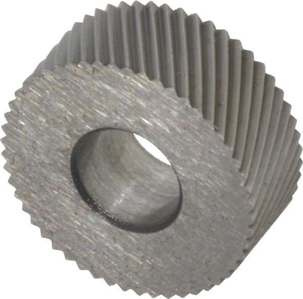 Made in USA - 5/8" Diam, 90° Tooth Angle, 30 TPI, Standard (Shape), Form Type Cobalt Left-Hand Diagonal Knurl Wheel - 1/4" Face Width, 1/4" Hole, Circular Pitch, 30° Helix, Bright Finish, Series GK - Exact Tool & Supply