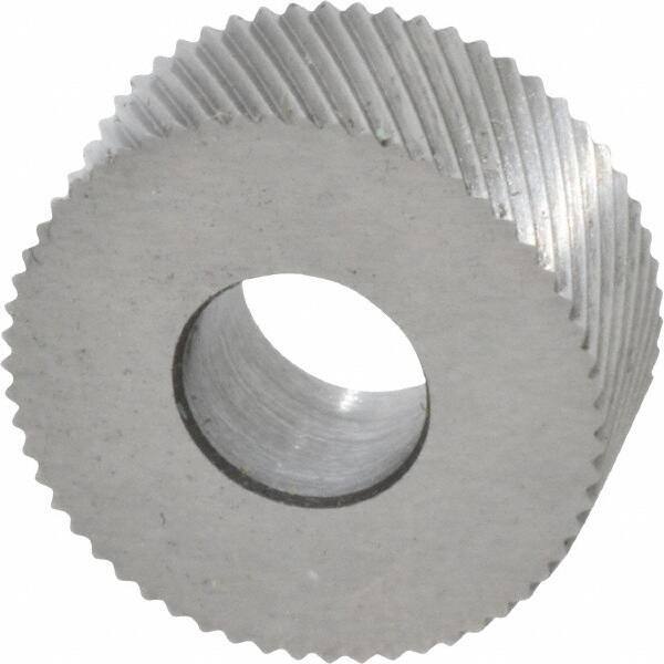 Made in USA - 5/8" Diam, 90° Tooth Angle, 35 TPI, Standard (Shape), Form Type Cobalt Left-Hand Diagonal Knurl Wheel - 1/4" Face Width, 1/4" Hole, Circular Pitch, 30° Helix, Bright Finish, Series GK - Exact Tool & Supply