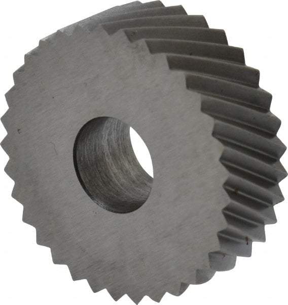 Made in USA - 3/4" Diam, 90° Tooth Angle, 16 TPI, Standard (Shape), Form Type Cobalt Right-Hand Diagonal Knurl Wheel - 1/4" Face Width, 1/4" Hole, Circular Pitch, 30° Helix, Bright Finish, Series KN - Exact Tool & Supply