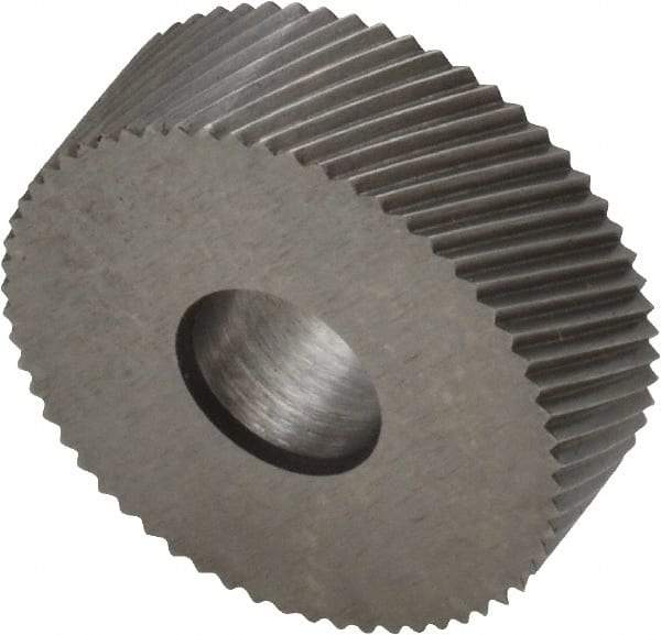 Made in USA - 3/4" Diam, 90° Tooth Angle, 30 TPI, Standard (Shape), Form Type Cobalt Right-Hand Diagonal Knurl Wheel - 1/4" Face Width, 1/4" Hole, Circular Pitch, 30° Helix, Bright Finish, Series KN - Exact Tool & Supply