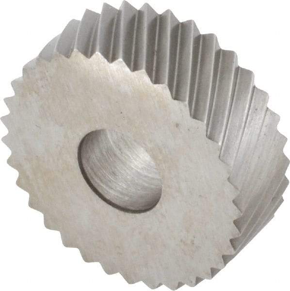 Made in USA - 3/4" Diam, 90° Tooth Angle, 16 TPI, Standard (Shape), Form Type Cobalt Left-Hand Diagonal Knurl Wheel - 1/4" Face Width, 1/4" Hole, Circular Pitch, 30° Helix, Bright Finish, Series KN - Exact Tool & Supply