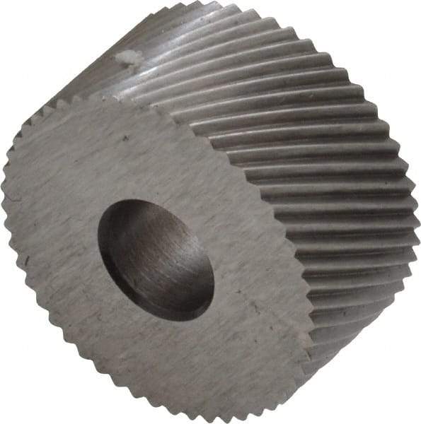 Made in USA - 3/4" Diam, 90° Tooth Angle, 25 TPI, Standard (Shape), Form Type Cobalt Right-Hand Diagonal Knurl Wheel - 3/8" Face Width, 1/4" Hole, Circular Pitch, 30° Helix, Bright Finish, Series KP - Exact Tool & Supply
