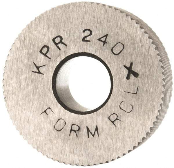 Made in USA - 3/4" Diam, 90° Tooth Angle, 40 TPI, Standard (Shape), Form Type Cobalt Right-Hand Diagonal Knurl Wheel - 3/8" Face Width, 1/4" Hole, Circular Pitch, 30° Helix, Bright Finish, Series KP - Exact Tool & Supply