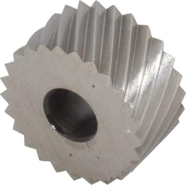 Made in USA - 3/4" Diam, 90° Tooth Angle, 12 TPI, Standard (Shape), Form Type Cobalt Left-Hand Diagonal Knurl Wheel - 3/8" Face Width, 1/4" Hole, Circular Pitch, 30° Helix, Bright Finish, Series KP - Exact Tool & Supply