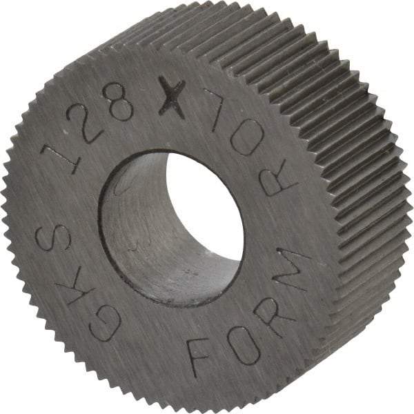 Made in USA - 5/8" Diam, 80° Tooth Angle, Standard (Shape), Form Type Cobalt Straight Knurl Wheel - 1/4" Face Width, 1/4" Hole, 128 Diametral Pitch, Bright Finish, Series GK - Exact Tool & Supply