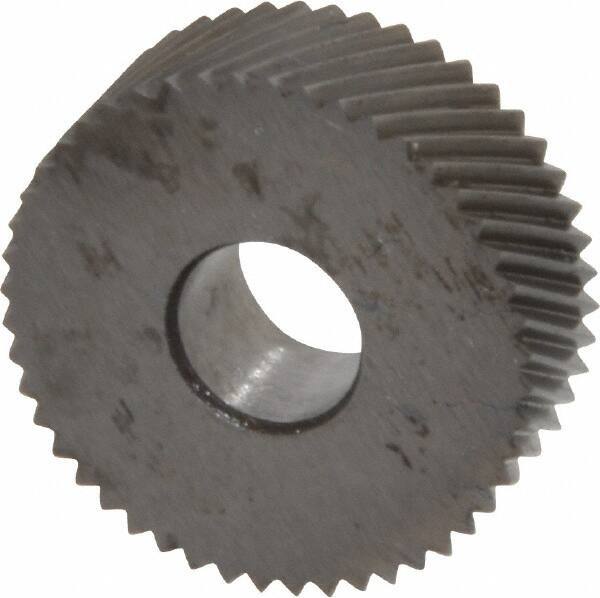 Made in USA - 3/4" Diam, 80° Tooth Angle, Standard (Shape), Form Type Cobalt Right-Hand Diagonal Knurl Wheel - 1/4" Face Width, 1/4" Hole, 64 Diametral Pitch, 30° Helix, Bright Finish, Series KN - Exact Tool & Supply