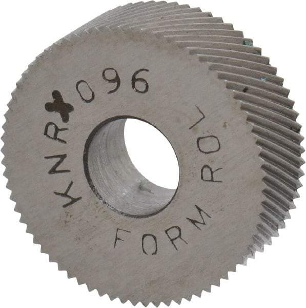 Made in USA - 3/4" Diam, 80° Tooth Angle, Standard (Shape), Form Type Cobalt Right-Hand Diagonal Knurl Wheel - 1/4" Face Width, 1/4" Hole, 96 Diametral Pitch, 30° Helix, Bright Finish, Series KN - Exact Tool & Supply