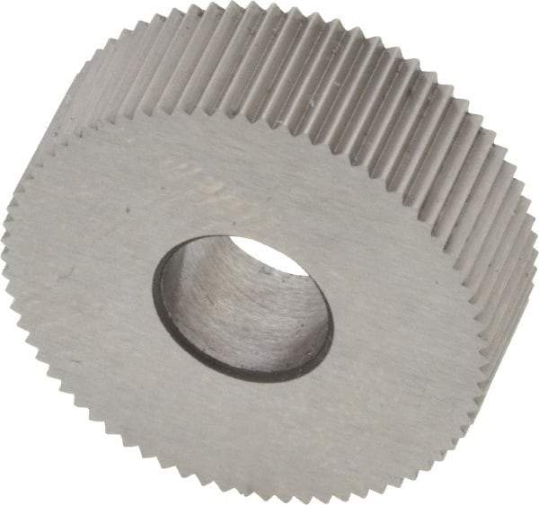 Made in USA - 3/4" Diam, 80° Tooth Angle, Standard (Shape), Form Type Cobalt Straight Knurl Wheel - 1/4" Face Width, 1/4" Hole, 96 Diametral Pitch, Bright Finish, Series KN - Exact Tool & Supply