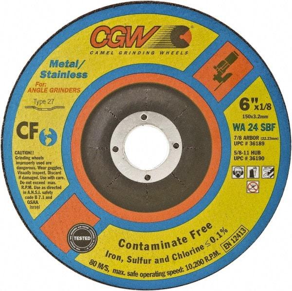 Camel Grinding Wheels - 24 Grit, 6" Wheel Diam, 1/8" Wheel Thickness, Type 27 Depressed Center Wheel - Coarse Grade, Aluminum Oxide, Resinoid Bond, 10,200 Max RPM - Exact Tool & Supply