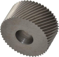 Made in USA - 3/4" Diam, 80° Tooth Angle, Standard (Shape), Form Type Cobalt Right-Hand Diagonal Knurl Wheel - 3/8" Face Width, 1/4" Hole, 64 Diametral Pitch, 30° Helix, Bright Finish, Series KP - Exact Tool & Supply
