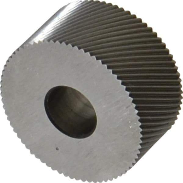 Made in USA - 3/4" Diam, 80° Tooth Angle, Standard (Shape), Form Type Cobalt Right-Hand Diagonal Knurl Wheel - 3/8" Face Width, 1/4" Hole, 96 Diametral Pitch, 30° Helix, Bright Finish, Series KP - Exact Tool & Supply