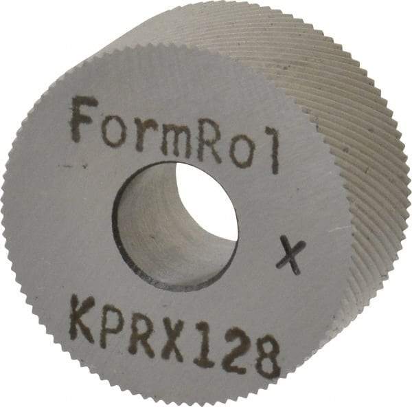 Made in USA - 3/4" Diam, 80° Tooth Angle, Standard (Shape), Form Type Cobalt Right-Hand Diagonal Knurl Wheel - 3/8" Face Width, 1/4" Hole, 128 Diametral Pitch, 30° Helix, Bright Finish, Series KP - Exact Tool & Supply