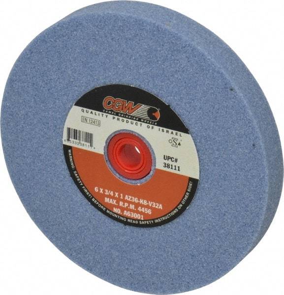 Camel Grinding Wheels - 36 Grit Aluminum Oxide Bench & Pedestal Grinding Wheel - 6" Diam x 1" Hole x 3/4" Thick, 4456 Max RPM, K Hardness, Very Coarse Grade , Vitrified Bond - Exact Tool & Supply