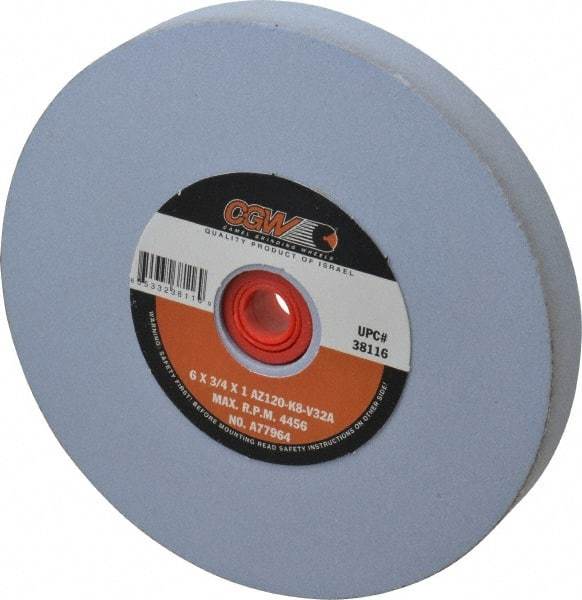 Camel Grinding Wheels - 120 Grit Aluminum Oxide Bench & Pedestal Grinding Wheel - 6" Diam x 1" Hole x 3/4" Thick, 4456 Max RPM, K Hardness, Fine Grade , Vitrified Bond - Exact Tool & Supply