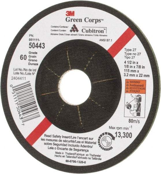 3M - 60 Grit, 4-1/2" Wheel Diam, 1/8" Wheel Thickness, 7/8" Arbor Hole, Type 27 Depressed Center Wheel - Ceramic, 13,300 Max RPM - Exact Tool & Supply