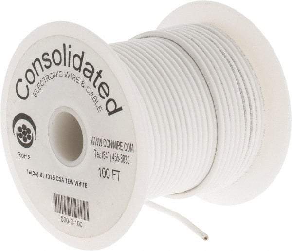 Made in USA - 16 AWG, 26 Strand, 100' OAL, Tinned Copper Hook Up Wire - White PVC Jacket, 0.117" Diam - Exact Tool & Supply