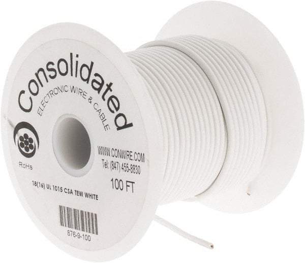 Made in USA - 18 AWG, 16 Strand, 100' OAL, Tinned Copper Hook Up Wire - White PVC Jacket, 0.106" Diam - Exact Tool & Supply