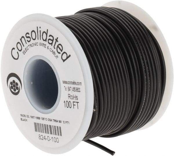 Made in USA - 16 AWG, 26 Strand, 100' OAL, Tinned Copper Hook Up Wire - Black PVC Jacket, 0.092" Diam - Exact Tool & Supply