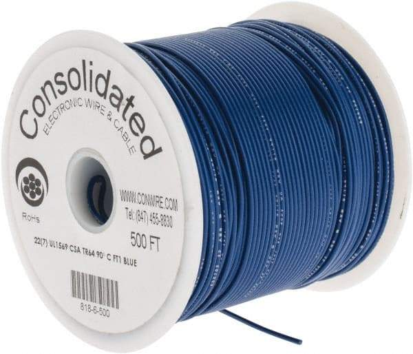 Made in USA - 22 AWG, 7 Strand, 500' OAL, Tinned Copper Hook Up Wire - Blue PVC Jacket, 0.062" Diam - Exact Tool & Supply