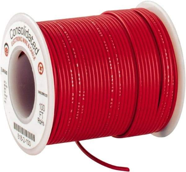 Made in USA - 22 AWG, 7 Strand, 100' OAL, Tinned Copper Hook Up Wire - Red PVC Jacket, 0.062" Diam - Exact Tool & Supply