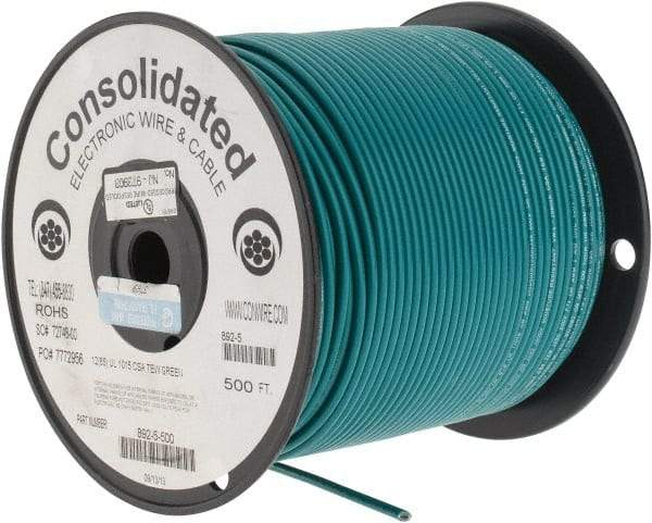Made in USA - 12 AWG, 65 Strand, 500' OAL, Tinned Copper Hook Up Wire - Green PVC Jacket, 0.155" Diam - Exact Tool & Supply