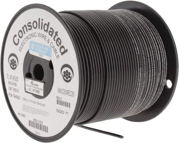 Made in USA - 12 AWG, 65 Strand, 500' OAL, Tinned Copper Hook Up Wire - Black PVC Jacket, 0.155" Diam - Exact Tool & Supply