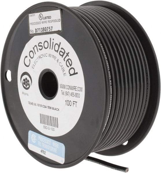 Made in USA - 12 AWG, 65 Strand, 100' OAL, Tinned Copper Hook Up Wire - Black PVC Jacket, 0.155" Diam - Exact Tool & Supply